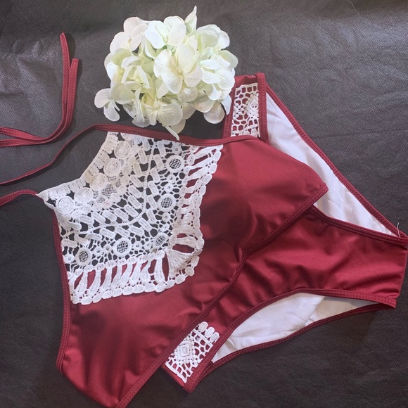 LexIsMore Other - Burgandy Lace Detail Halter Top Bikini